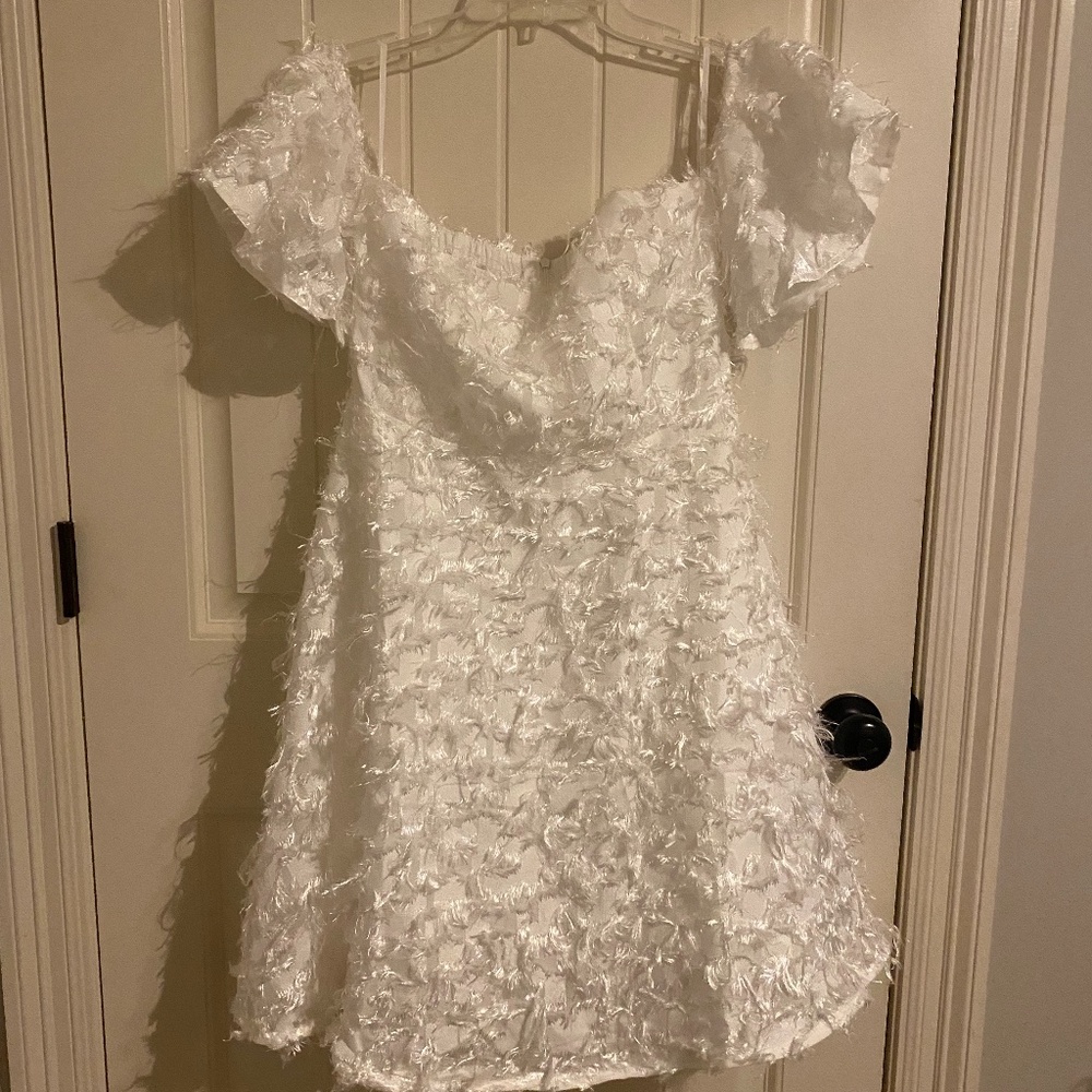 white off the shoulder fringe dress